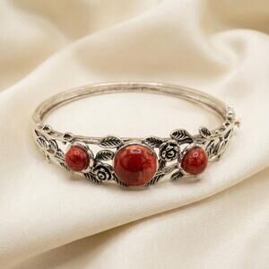 BBJ Sterling Silver Red Sponge Coral Floral Hinged Cuff Bracelet